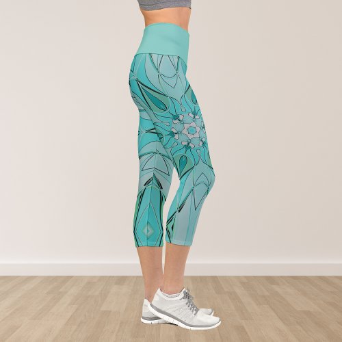 Cartoon Mandala Flower Blue and Green Capri Leggings