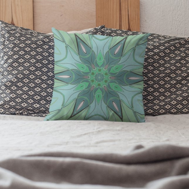 Cartoon Mandala Flower Blue and Green Throw Pillow (Creator Uploaded)