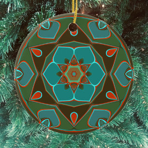 Cartoon Mandala Flower Blue and Orange Ceramic Ornament