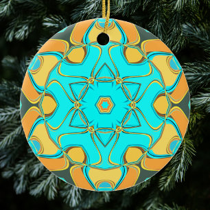 Cartoon Mandala Flower Blue and Orange Ceramic Ornament