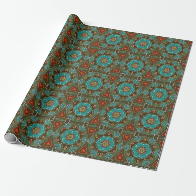 Cartoon Mandala Flower Blue and Orange Wrapping Paper (Unrolled)