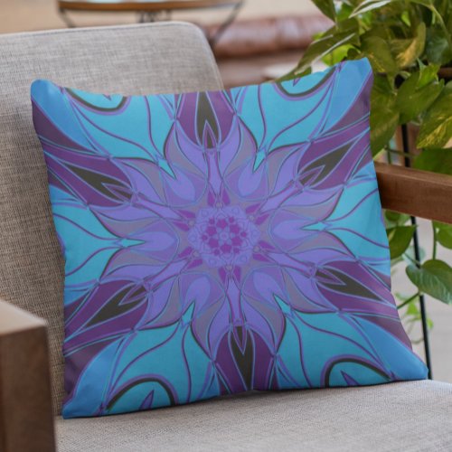 Cartoon Mandala Flower Blue and Purple Throw Pillow