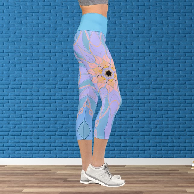 Cartoon Mandala Flower Blue and Yellow Capri Leggings (Creator Uploaded)