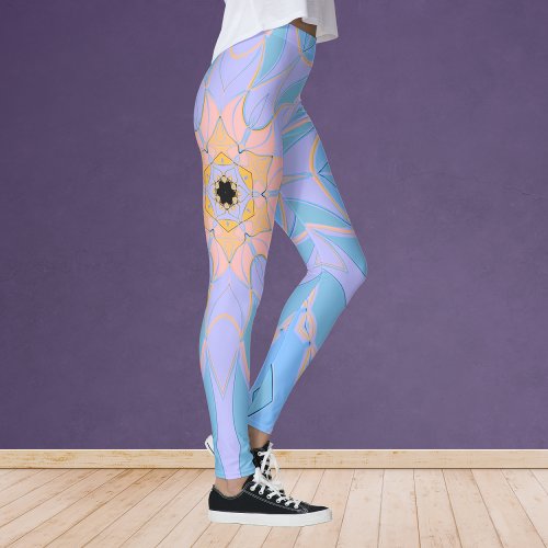 Cartoon Mandala Flower Blue and Yellow Leggings