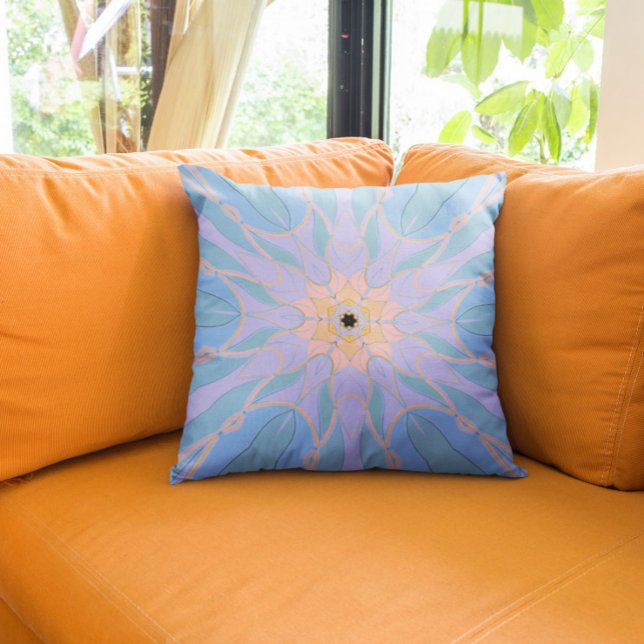 Cartoon Mandala Flower Blue and Yellow Throw Pillow (Creator Uploaded)