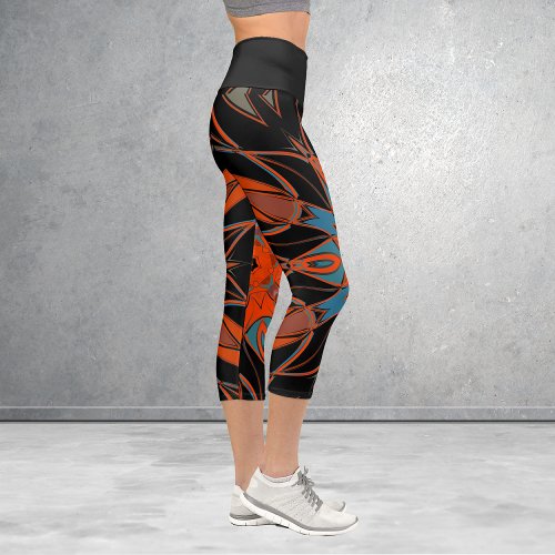 Cartoon Mandala Flower Blue Orange and Black Capri Leggings