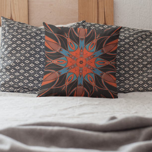 Cartoon Mandala Flower Blue Orange and Black Throw Pillow