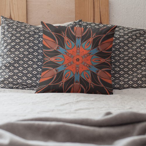 Cartoon Mandala Flower Blue Orange and Black Throw Pillow