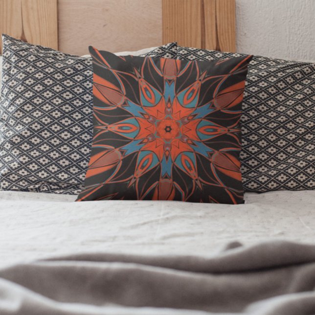 Cartoon Mandala Flower Blue Orange and Black Throw Pillow (Creator Uploaded)