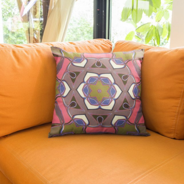 Cartoon Mandala Flower Blue Pink and Yellow Throw Pillow (Creator Uploaded)