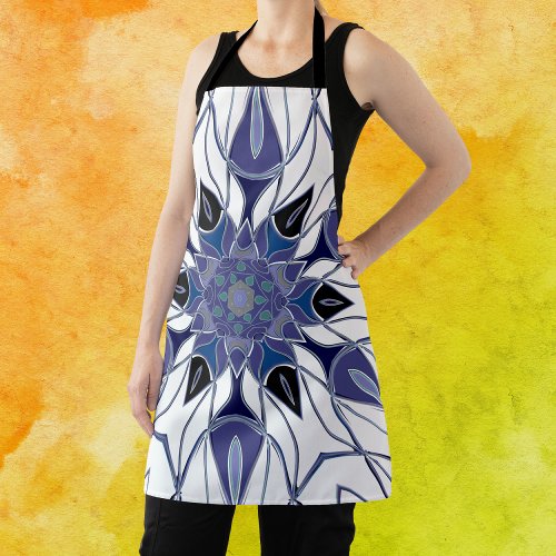 Cartoon Mandala Flower Blue Purple and White Apron