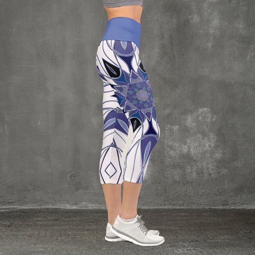 Cartoon Mandala Flower Blue Purple and White Capri Leggings