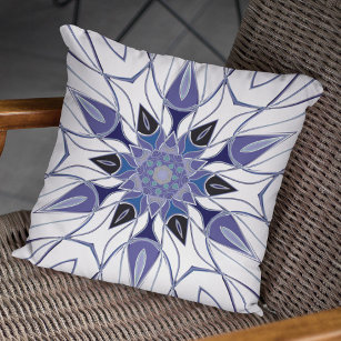 Cartoon Mandala Flower Blue Purple and White Throw Pillow
