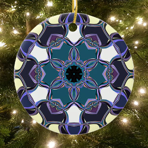 Cartoon Mandala Flower Blue Purple Black and White Ceramic Ornament
