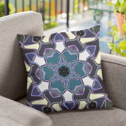 Cartoon Mandala Flower Blue Purple Black and White Throw Pillow