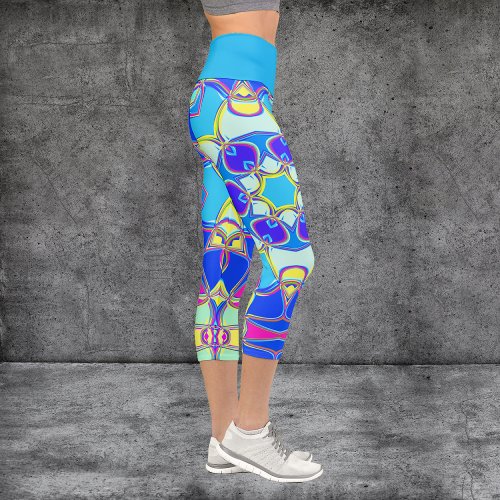 Cartoon Mandala Flower Blue Yellow and Pink Capri Leggings