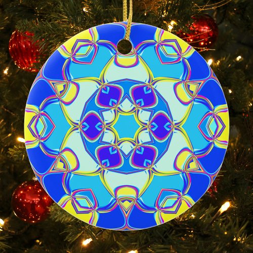 Cartoon Mandala Flower Blue Yellow and Pink Ceramic Ornament