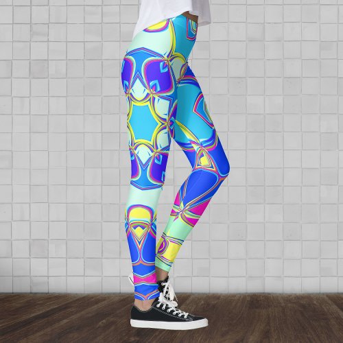 Cartoon Mandala Flower Blue Yellow and Pink Leggings