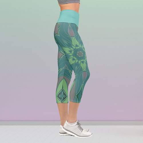 Cartoon Mandala Flower Green and Blue Capri Leggings