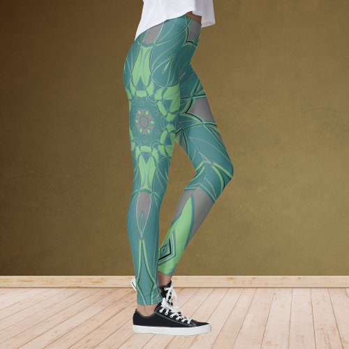 Cartoon Mandala Flower Green and Blue Leggings