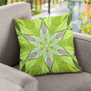 Cartoon Mandala Flower Green and Pink Throw Pillow