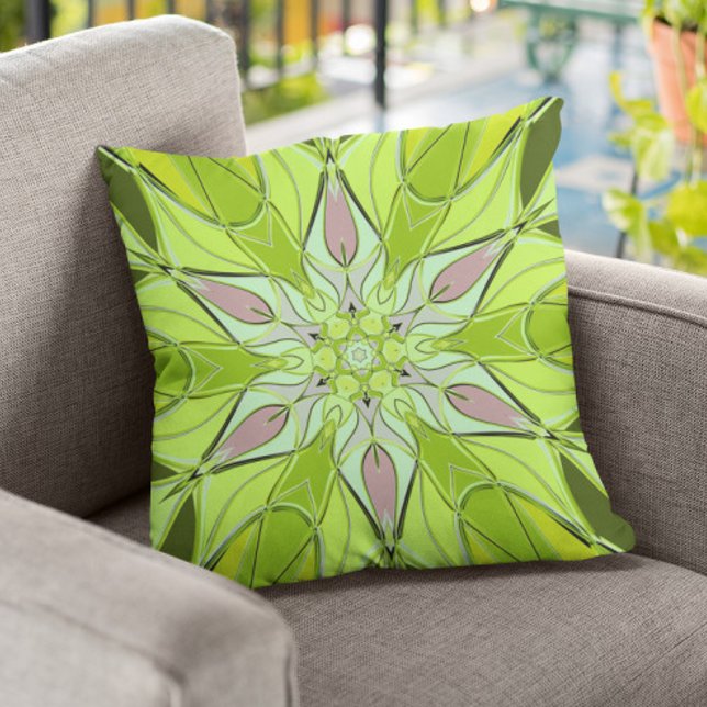Cartoon Mandala Flower Green and Pink Throw Pillow (Creator Uploaded)