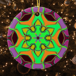 Cartoon Mandala Flower Green Orange and Purple Ceramic Ornament