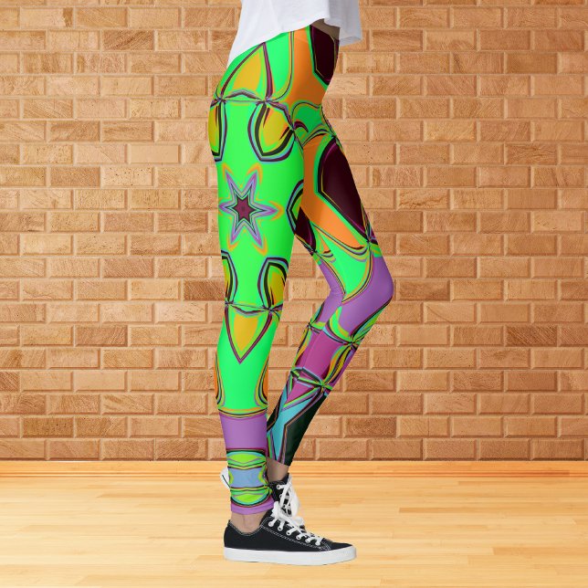 Cartoon Mandala Flower Green Orange and Purple Leggings (Creator Uploaded)