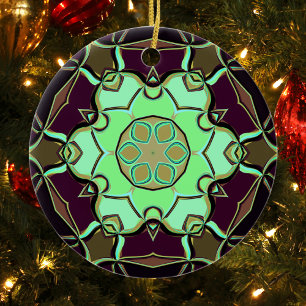 Cartoon Mandala Flower Green Purple and Black Ceramic Ornament