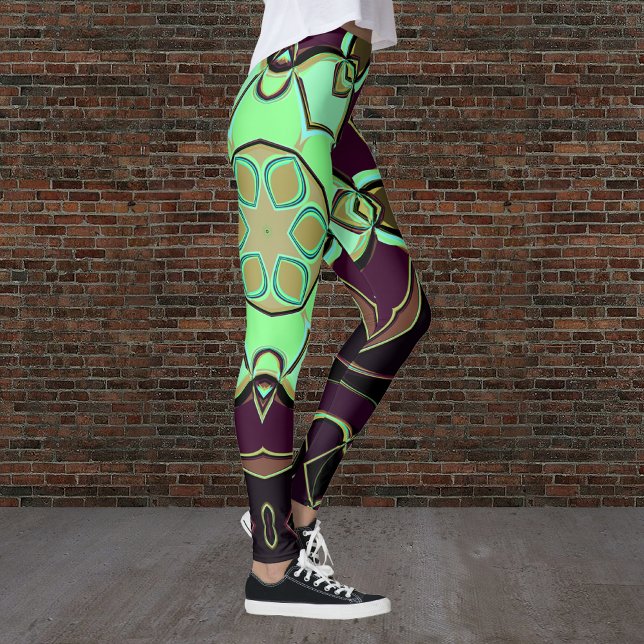 Cartoon Mandala Flower Green Purple and Black Leggings (Creator Uploaded)