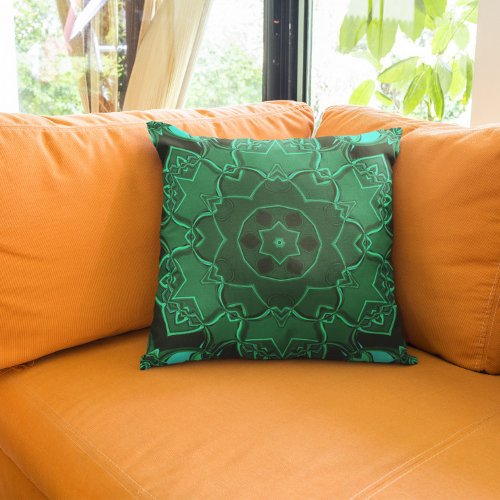 Cartoon Mandala Flower Green Throw Pillow