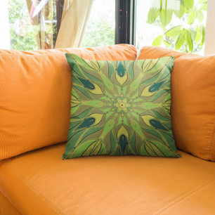 Cartoon Mandala Flower Green Yellow and Blue Throw Pillow