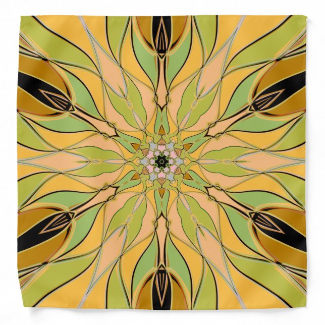 Cartoon Mandala Flower Green Yellow and Orange Bandana (Front)