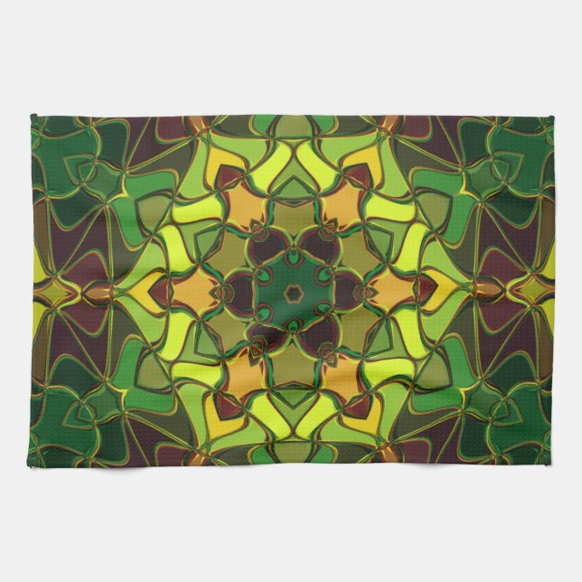 Cartoon Mandala Flower Green Yellow and Orange Kitchen Towel (Horizontal)