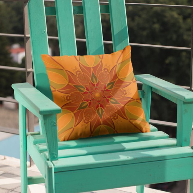 Cartoon Mandala Flower Orange and Red Throw Pillow (Creator Uploaded)