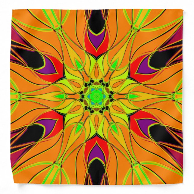 Cartoon Mandala Flower Orange Green and Red Bandana (Front)