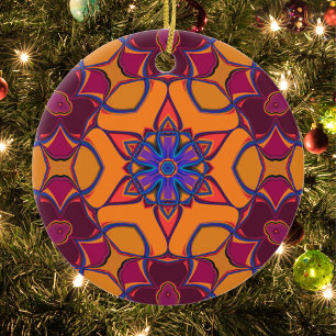 Cartoon Mandala Flower Orange Purple and Blue Ceramic Ornament
