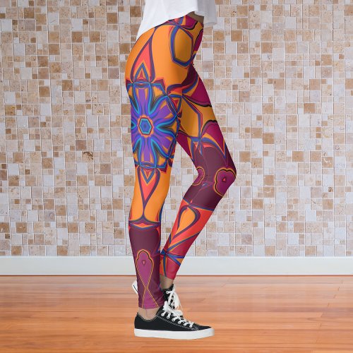 Cartoon Mandala Flower Orange Purple and Blue Leggings