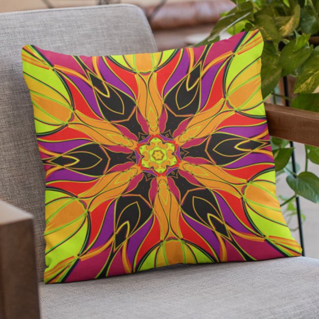 Cartoon Mandala Flower Orange Purple and Red Throw Pillow (Creator Uploaded)