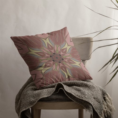 Cartoon Mandala Flower Pink and Yellow Throw Pillow