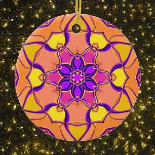 Cartoon Mandala Flower Pink Purple and Orange Ceramic Ornament