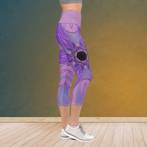 Cartoon Mandala Flower Purple Pink and Blue Capri Leggings