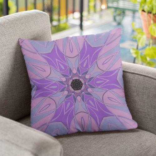 Cartoon Mandala Flower Purple Pink and Blue Throw Pillow