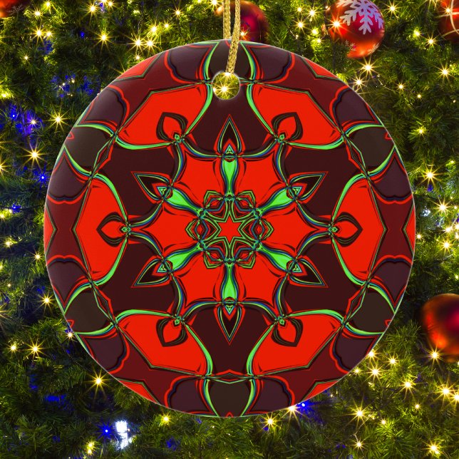 Cartoon Mandala Flower Red and Teal Ceramic Ornament (Creator Uploaded)