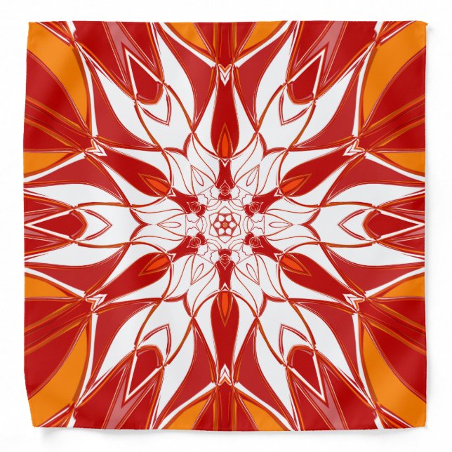 Cartoon Mandala Flower Red Orange and White Bandana (Front)