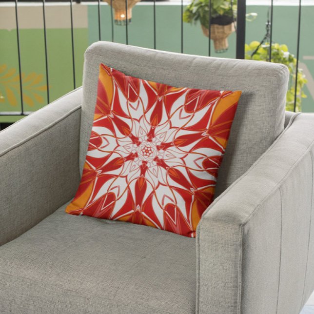 Cartoon Mandala Flower Red Orange and White Throw Pillow (Creator Uploaded)