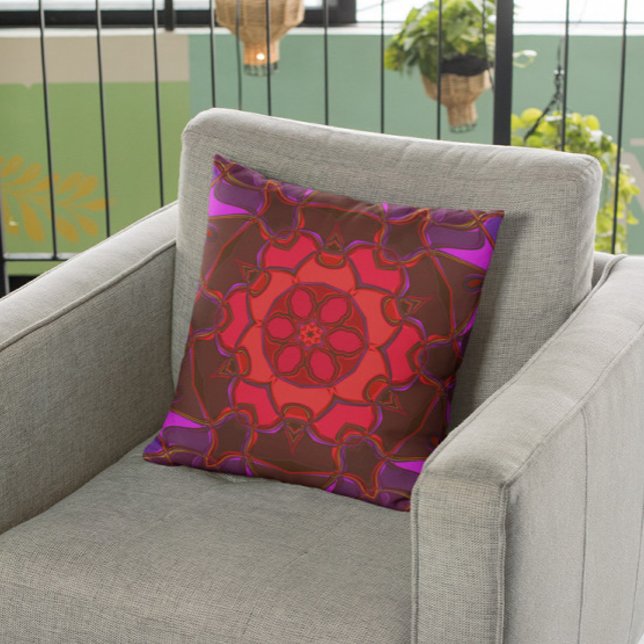 Cartoon Mandala Flower Red Pink and Purple Throw Pillow (Creator Uploaded)