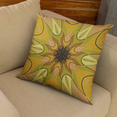 Cartoon Mandala Flower Yellow and Green Throw Pillow