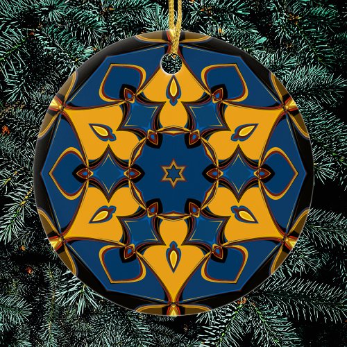 Cartoon Mandala Flower Yellow Blue and Orange Ceramic Ornament