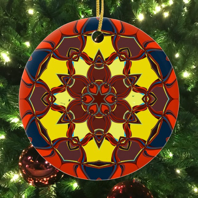 Cartoon Mandala Flower Yellow Orange and Blue Ceramic Ornament (Creator Uploaded)